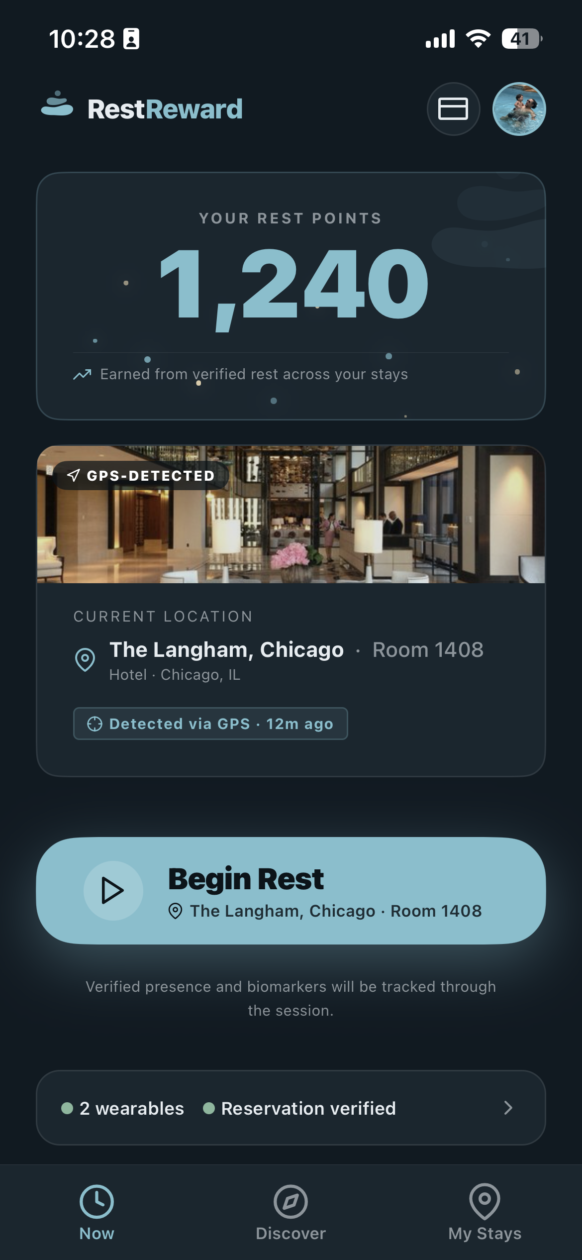 RestReward app Now screen — Rest Points, a GPS-detected hotel at The Langham Chicago, and Begin Rest