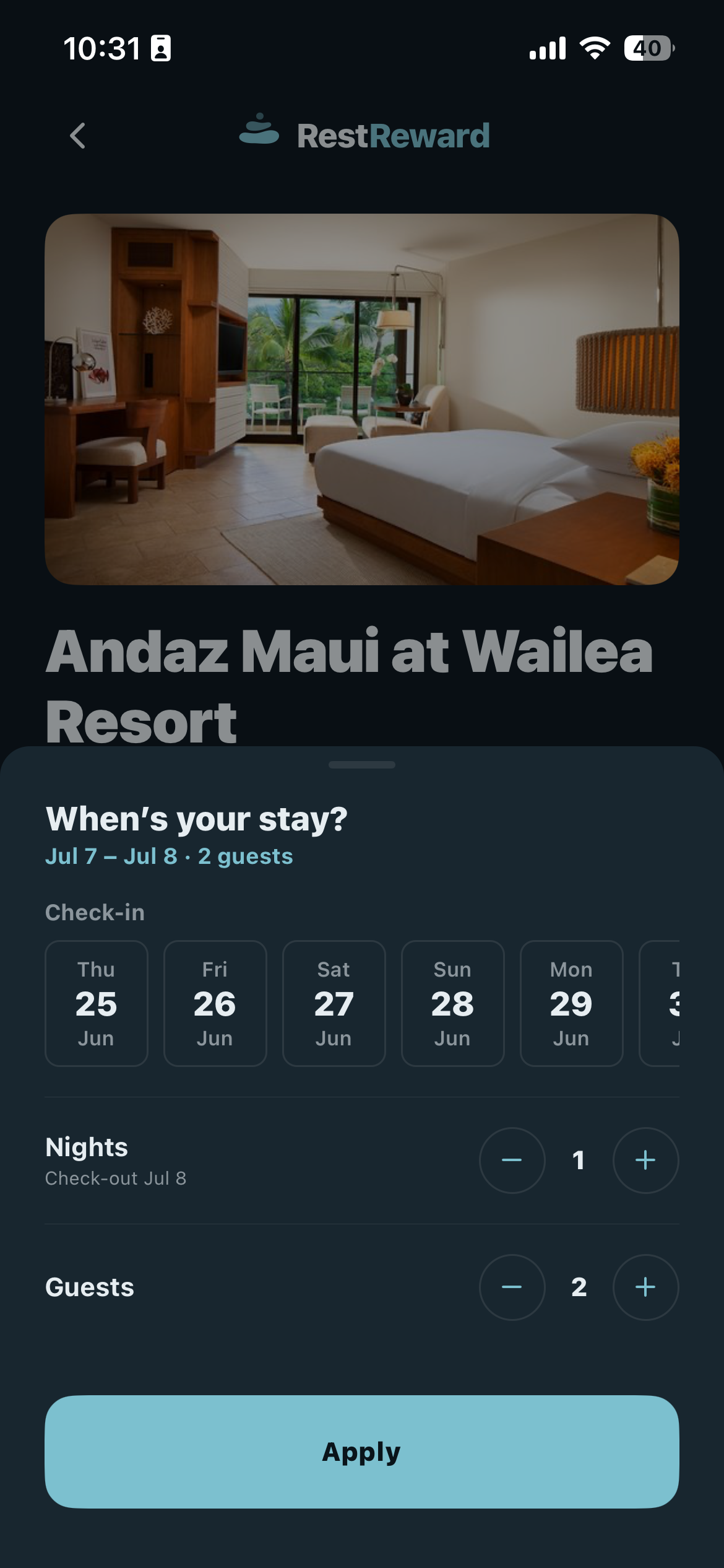 RestReward property detail — Andaz Maui at Wailea Resort with the When's your stay date picker